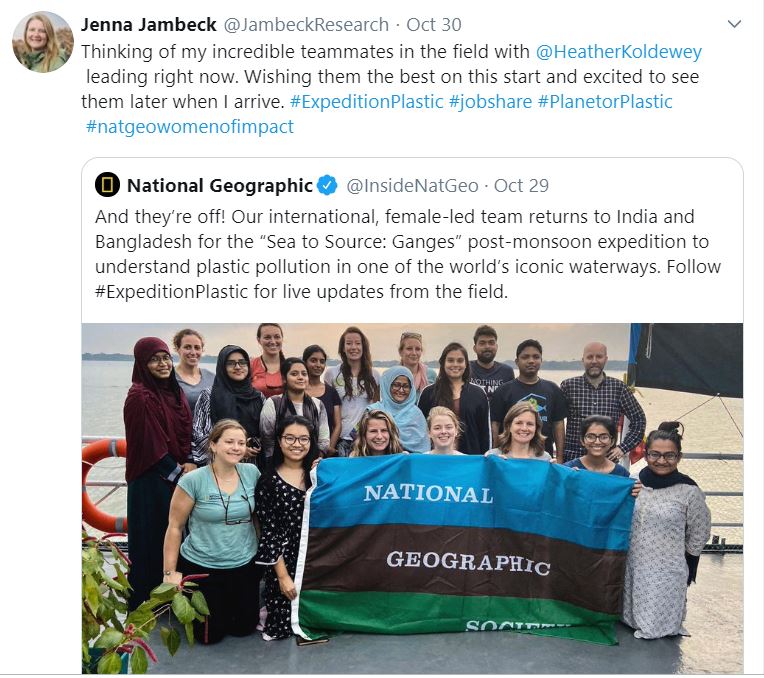 Screenshot of Twitter Feed of @JambeckResearch and National Geographic photo of Sea to Source: Ganges all-female research group